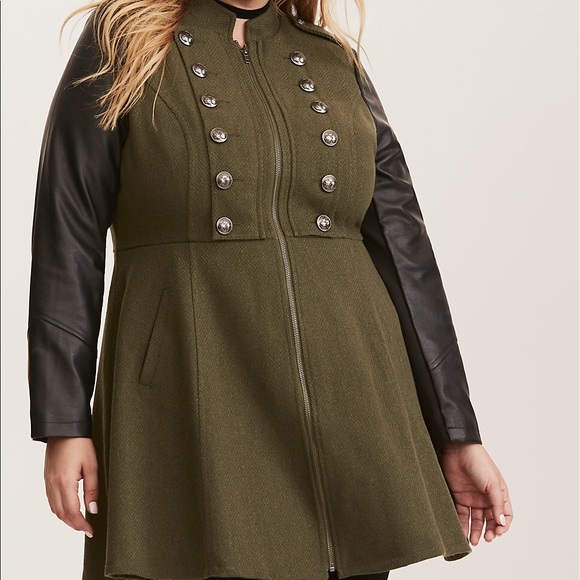 Olive Mixed Media Military Coat - Picture 2 of 7